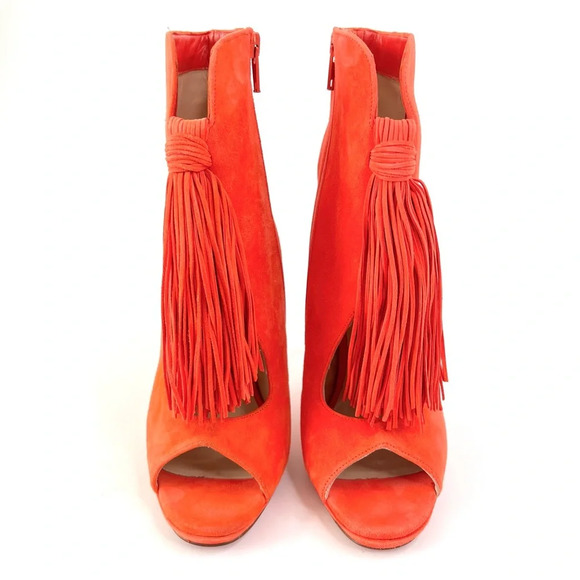 CHRISTIAN LOUBOUTIN || Fringe Peep Tassel Heels Otoka 120 Coral Suede US 7.5 - Picture 4 of 14